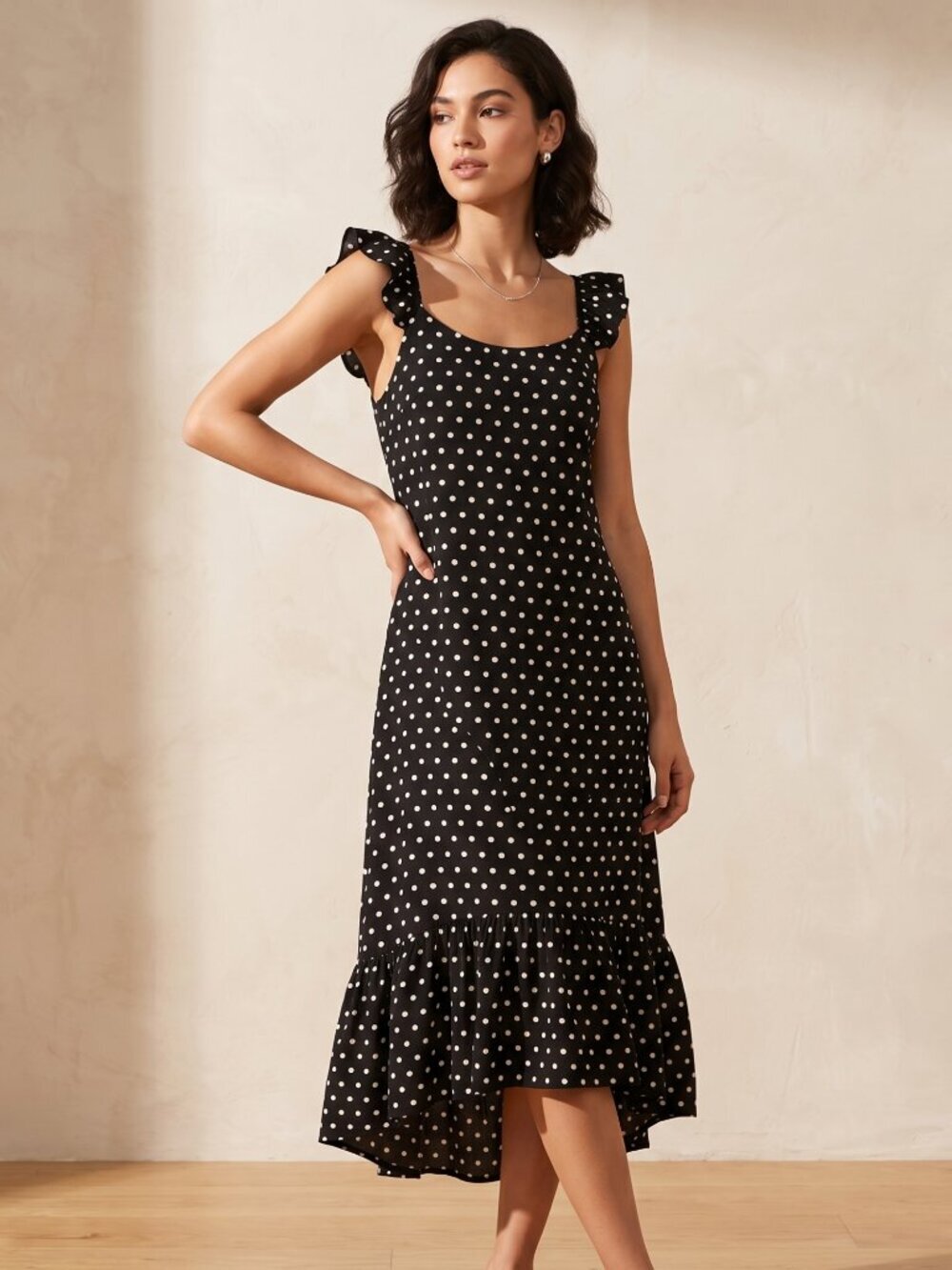 NWT | ZANZEA Black & White Polka Dot Midi Dress | Ruffle Shoulder | Size XL